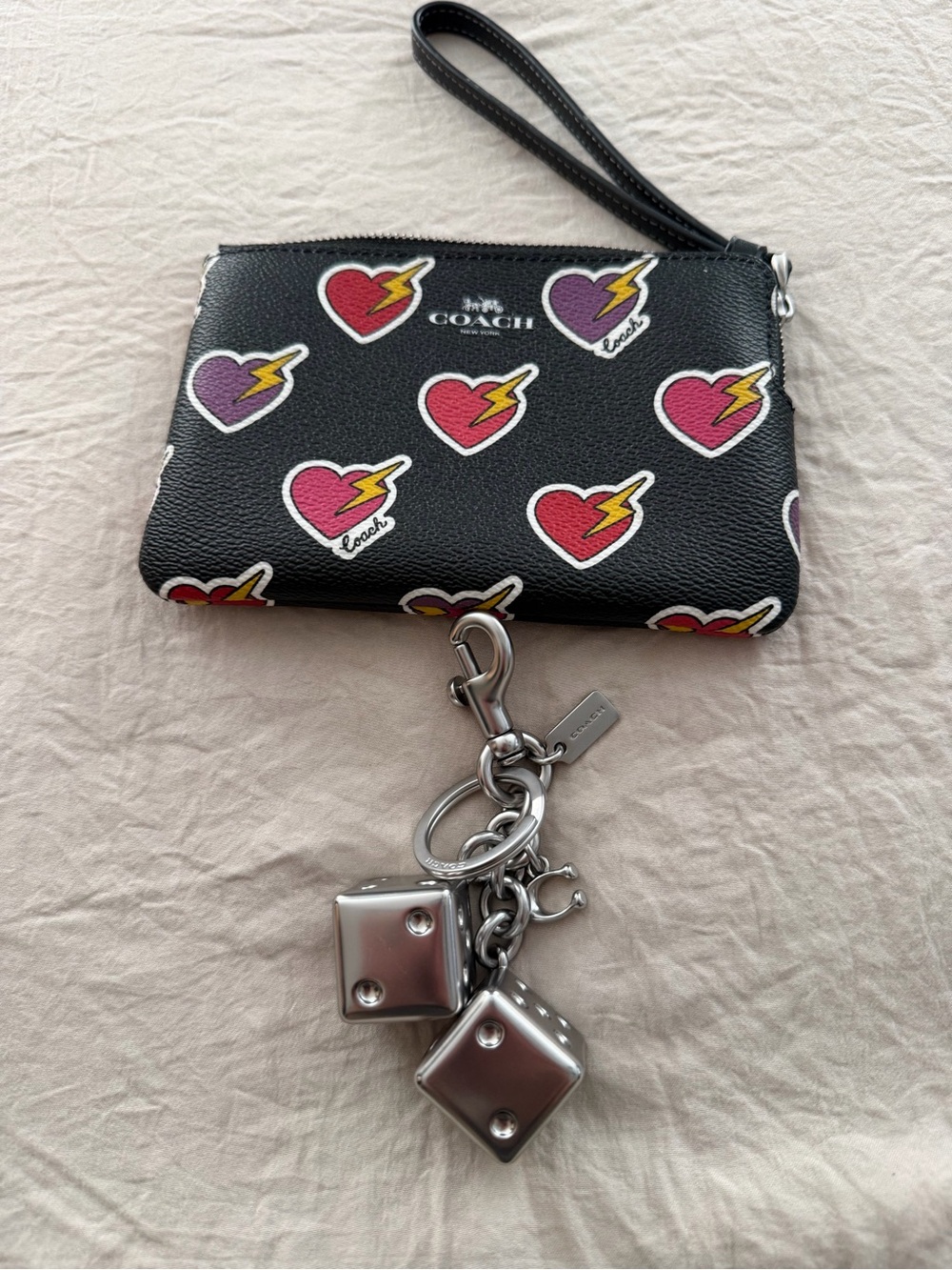 Coach Black Wristlet heart lightning bolt & dice charm/keychain